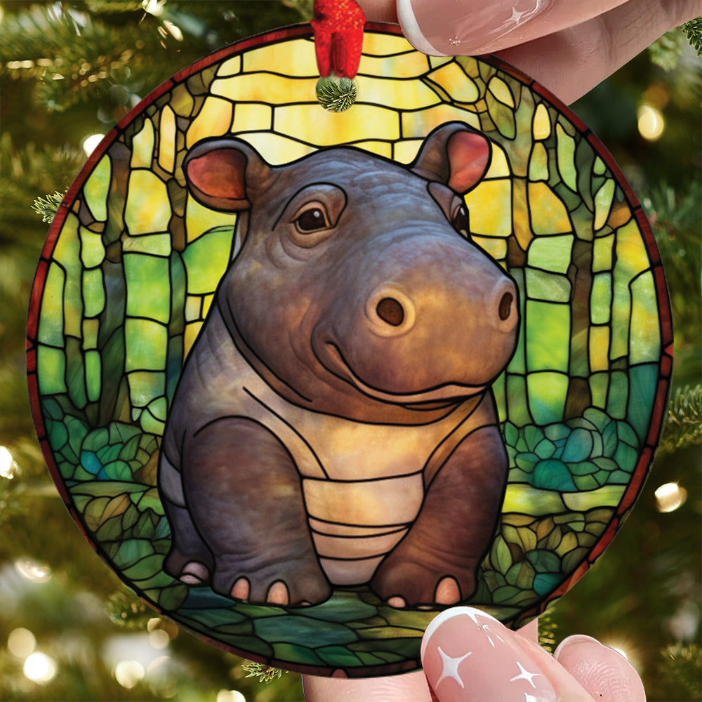 Teesdily | Stained Glass Art Hippo Ceramic Ornament, Hippopotamus Christmas Ornament, Xmas Gift Ornament, Cute Baby Hippo Gift