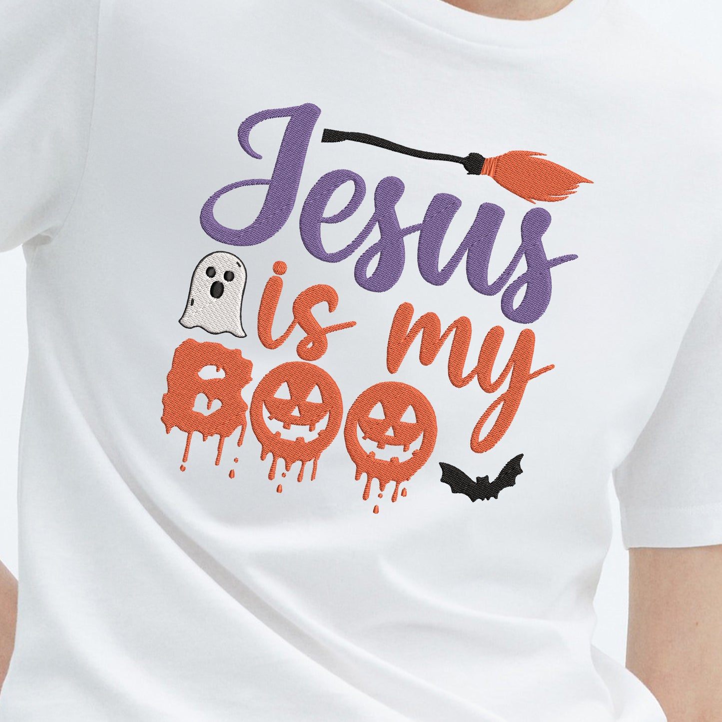 Teesdily | Jesus Is My Boo Embroidered Shirt, Christian Halloween Boo Spooky Ghost Bat Witch Embroidery Sweatshirt, Christian Fall Faith Shirt Gift