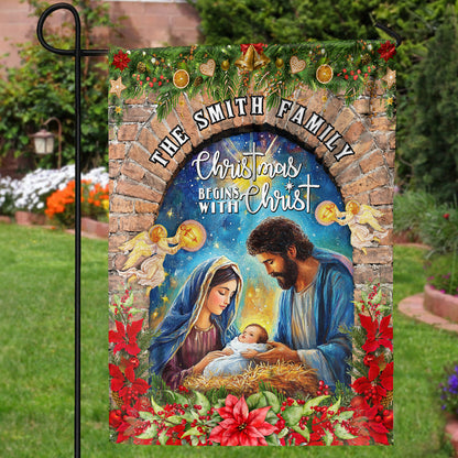 Teesdily | Customized Christmas Begins With Christ Garden Flag, Holy Family Jesus Christmas Flag House, Religious Christmas Gift