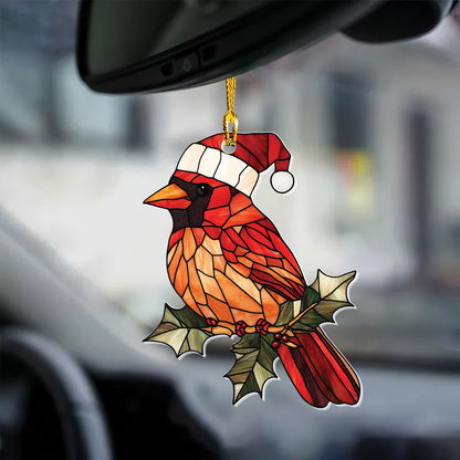 Teesdily | Cardinal Christmas Hat Stained Glass Printed Ornament Hanging, Cardinal Ornament Christmas Decoration, Christmas Gift