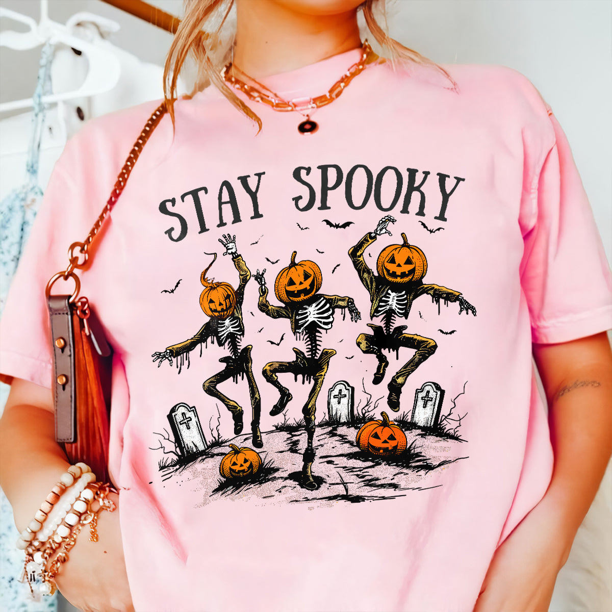 Teesdily | Halloween Skeleton Pumpkin Shirt, Stay Spooky Sweatshirt Hoodie Mug, Dancing Skeleton Pumpkin Face T-Shirt, Holiday Outfit, Halloween Gift