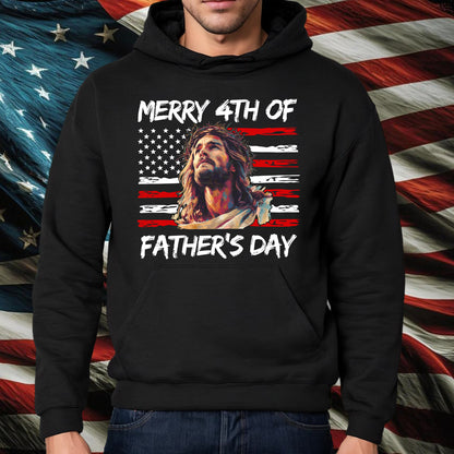 Teesdily | Jesus Dad American Flag T-shirt, Merry 4th Of Father's Day Sweatshirt, Happy Independence Day Gift, Dad Shirt Hoodie, Christian Mug Cup