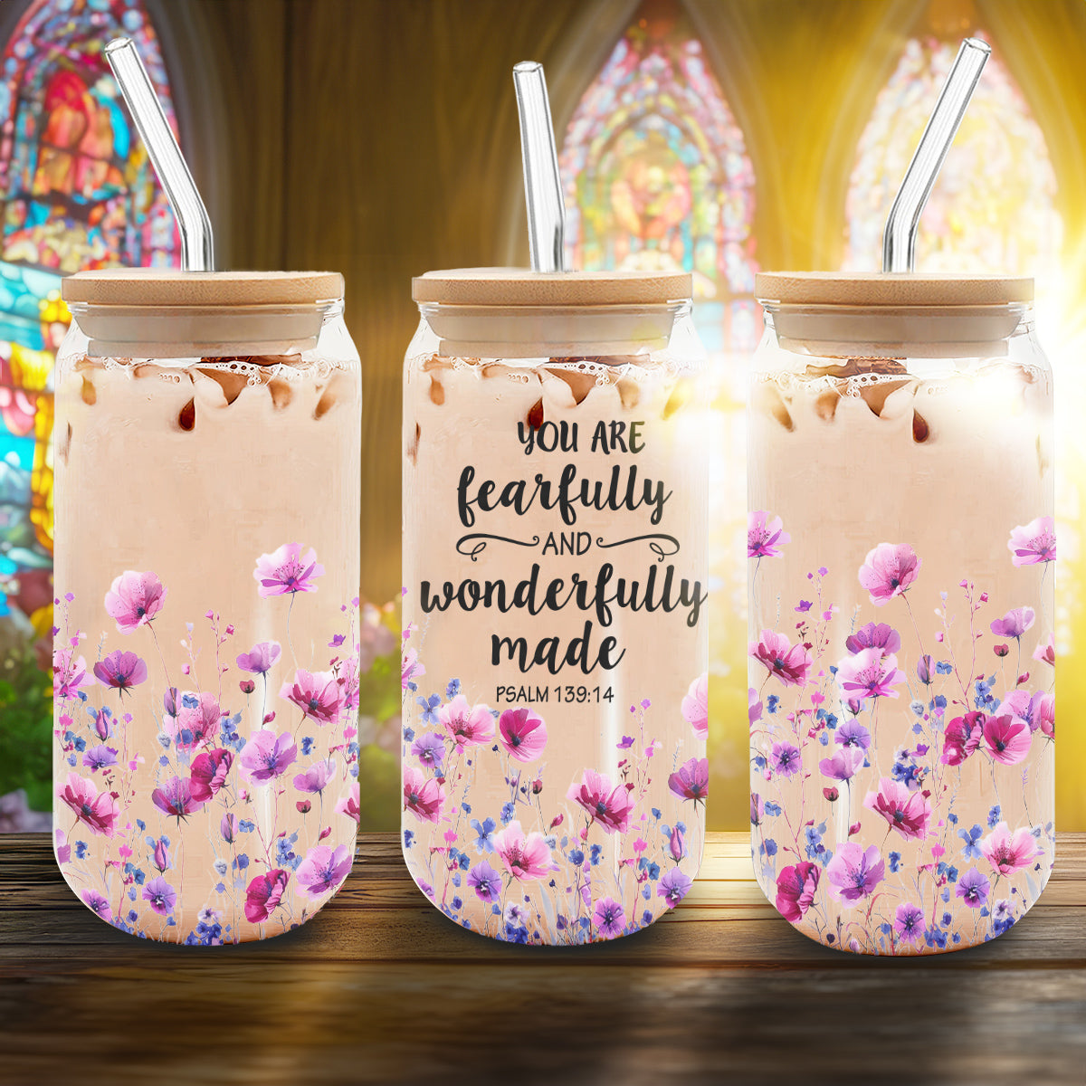 Teesdily | Wildflower Tumbler Glass, You Are Fearfully Wonderfully Made, God Bible Verse Glass Mug, God Gift, Frosted/ Clear Glass Can With Straw