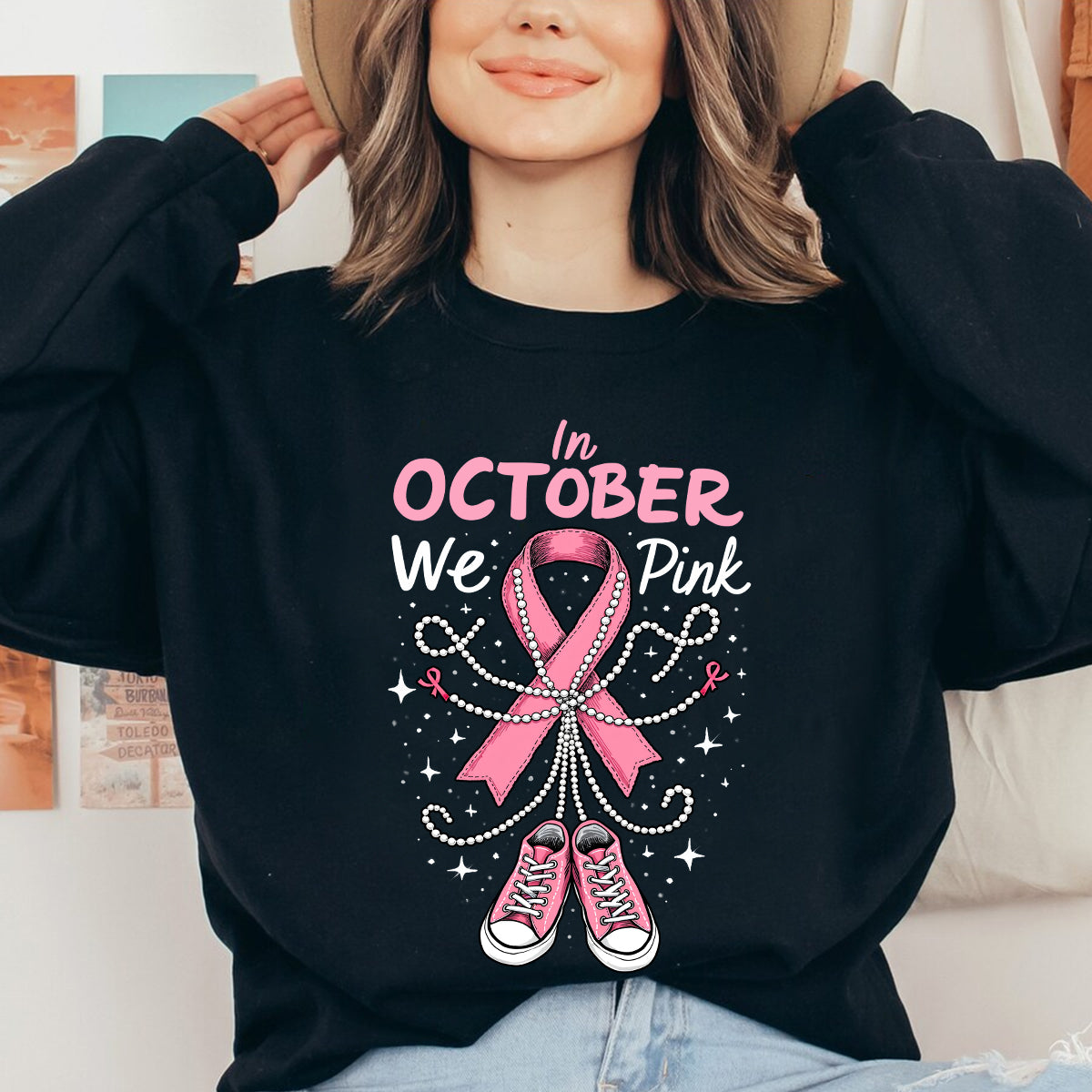 Teesdily | In October We Wear Pink Shirt, Pink Ribbon Shoe Sweatshirt, Breast Cancer Awareness Hoodie Mug, Support Warrior Halloween Gifts