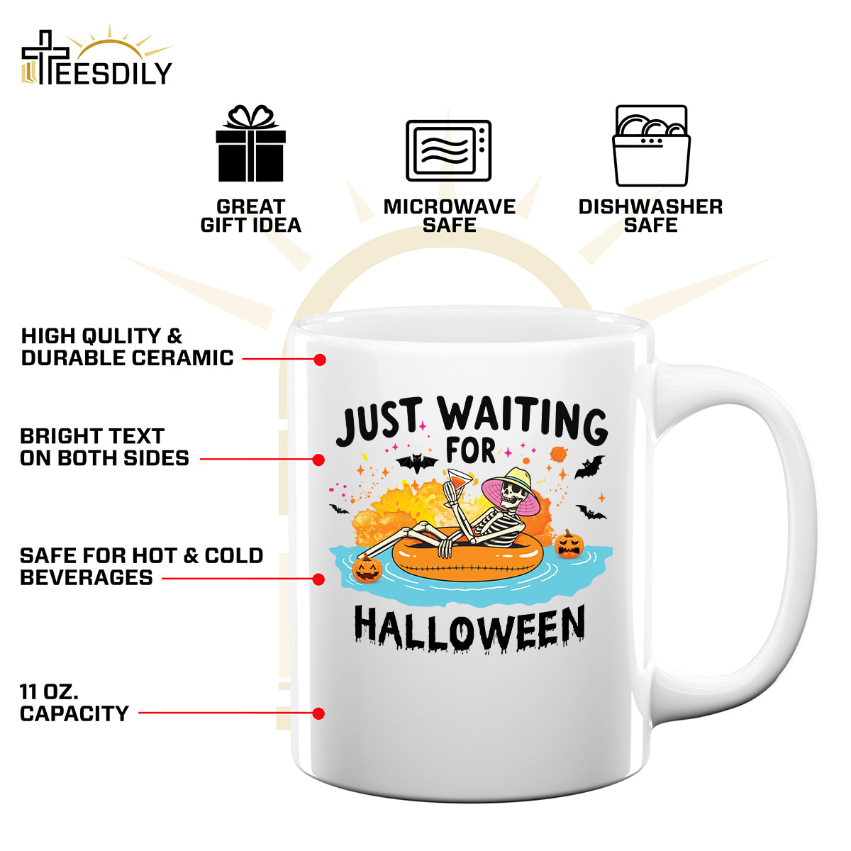 Teesdily | Halloween Skeleton Shirt, Just Waiting For Halloween Sweatshirt Hoodie Mug, Skeleton Pumpkin Tee, Cute Spooky Summer Halloween Gifts