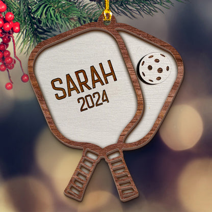 Teesdily | Customize Pickleball Paddle Wood Ornament, Pickleball 2 Layered Wood Christmas Ornament, Sport Player Xmas Gift