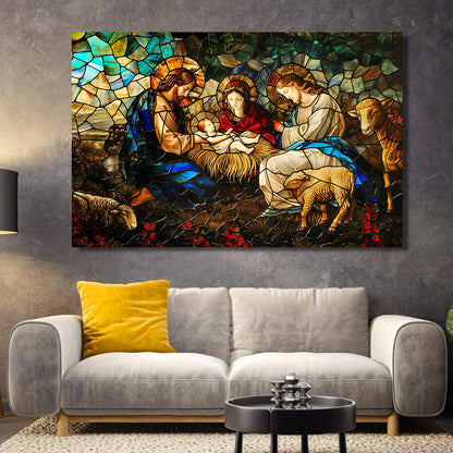 Teesdily | Jesus Nativity Christian Art Poster, Christmas Nativity Jesus Stained Glass Printed Poster, Catholic Art Canvas Wall Decor, God Lover Gift