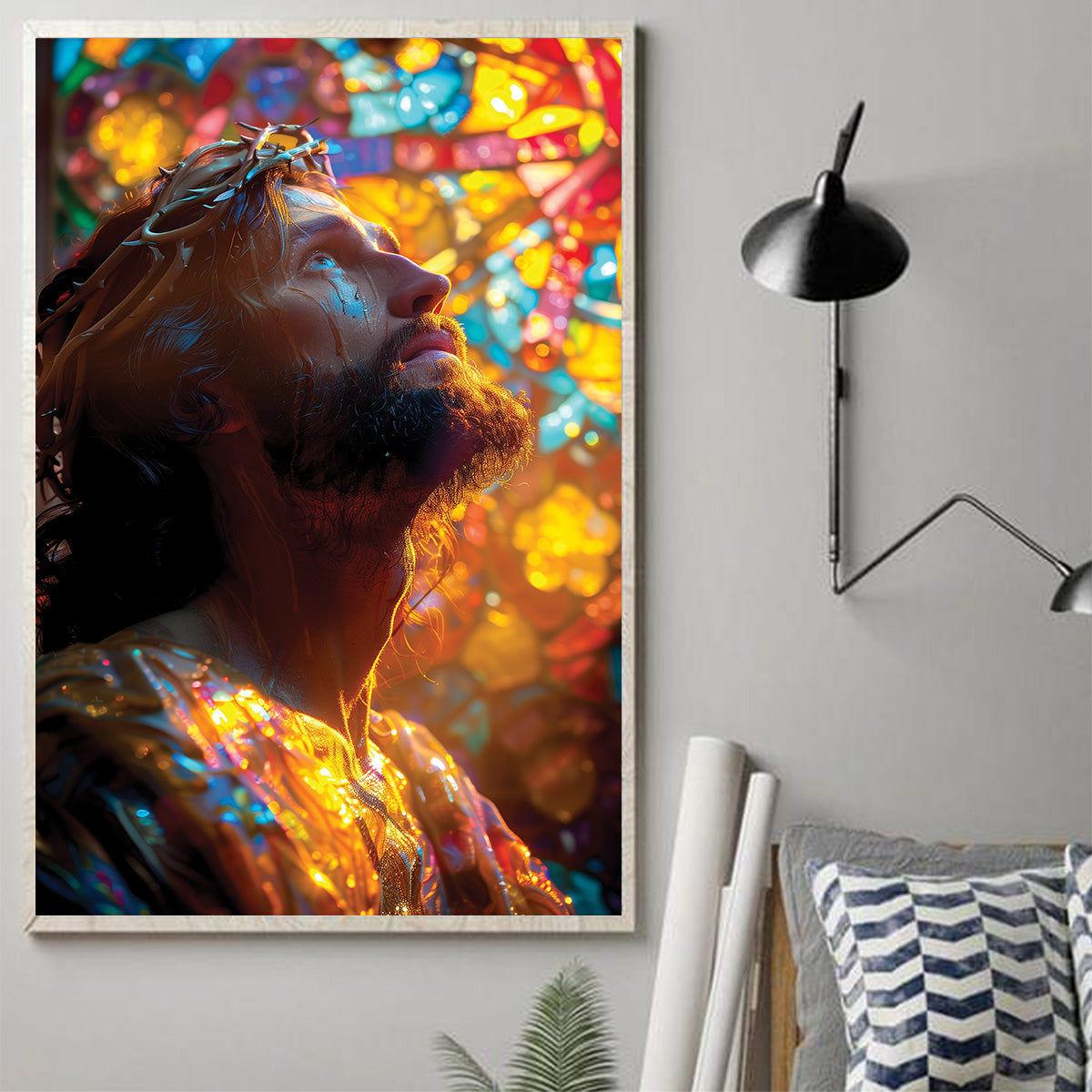 Teesdily | Jesus Portrait Art Stained Glass Design Poster, Christian Home Decor Poster Canvas, Jesus Art Religious Wall Decor, God Believers Gifts