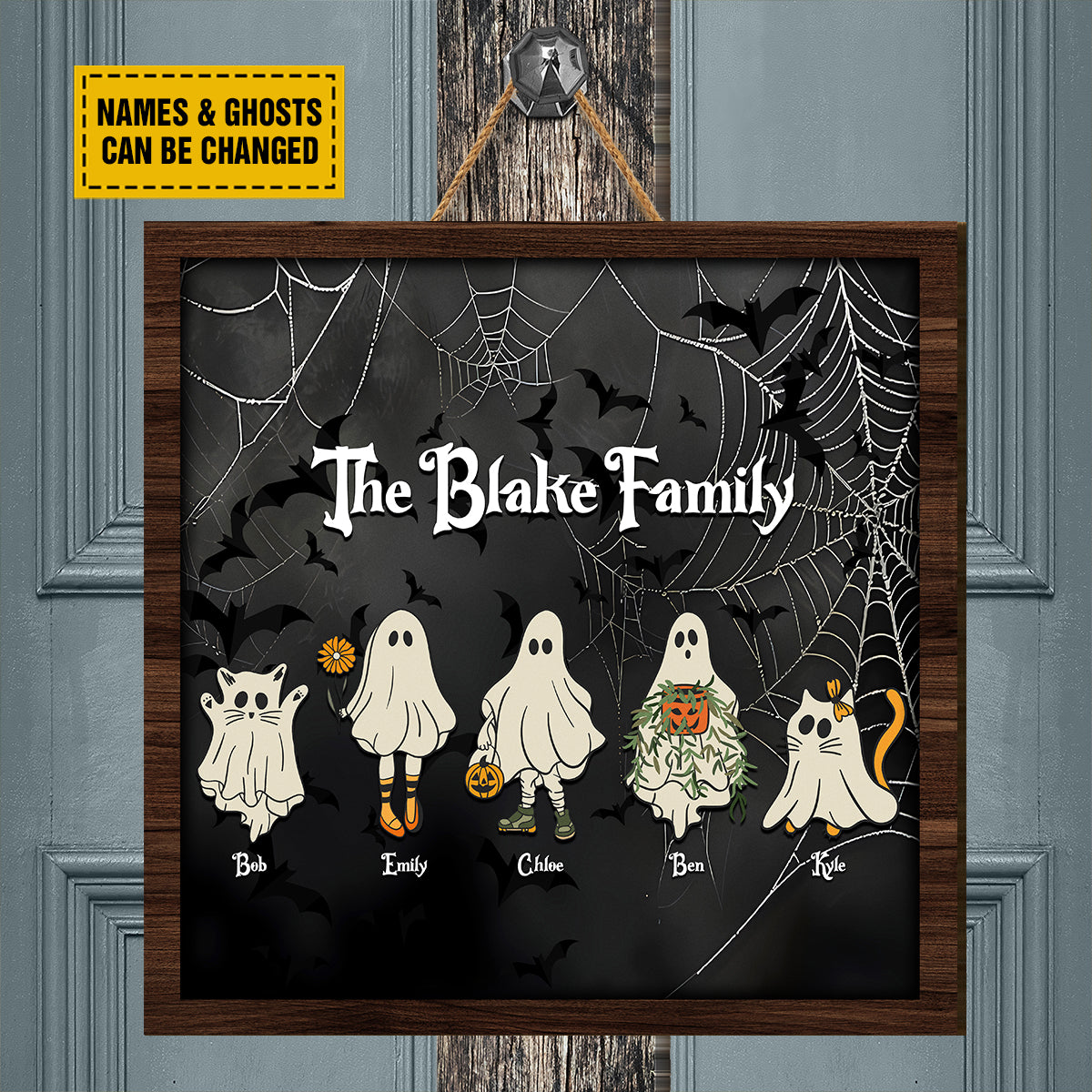 Teesdily | Personalized Ghost Family Halloween Wood Sign, Family Members With Pets Halloween Gifts, Halloween Decor Sign, Spooky Season Home Decor