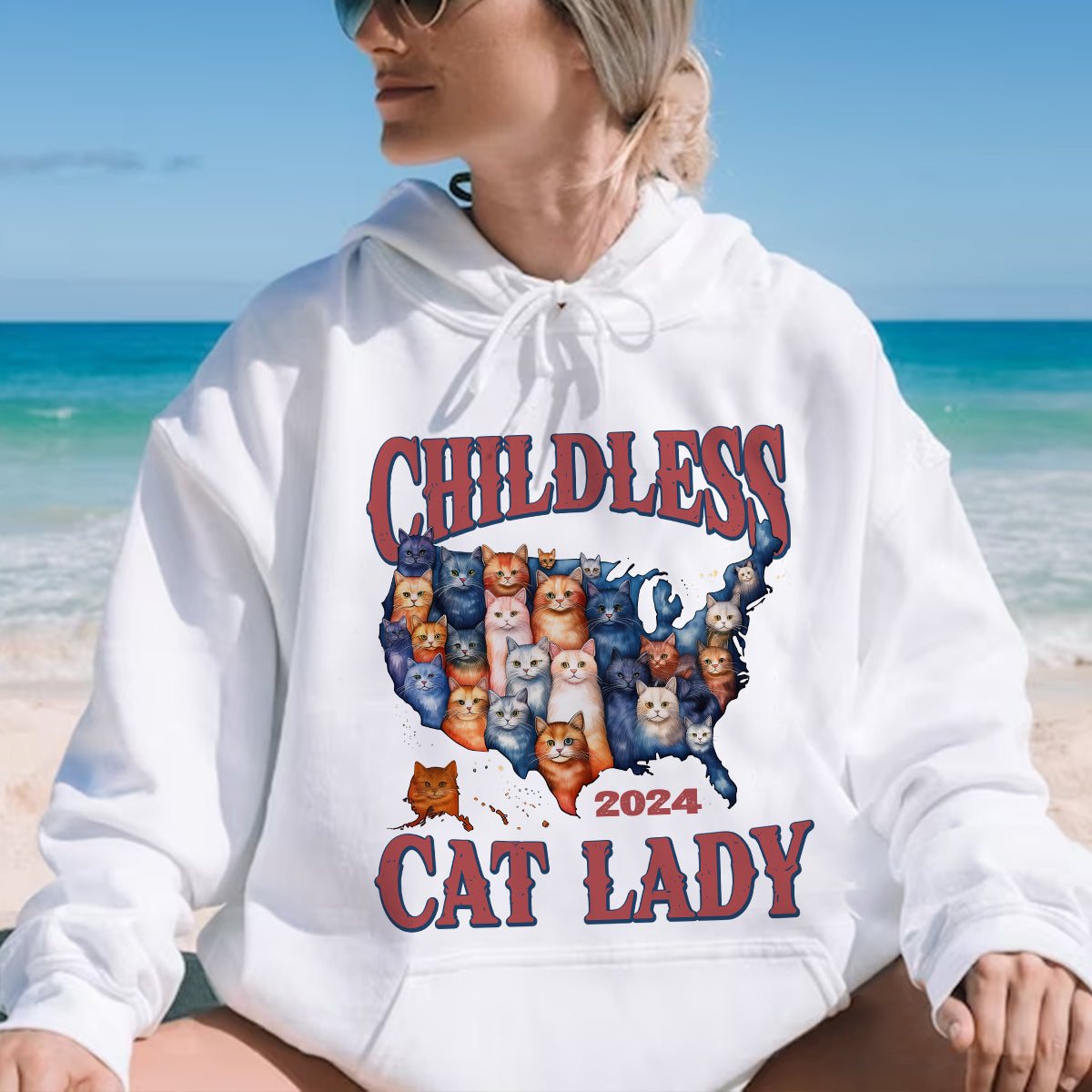 Teesdily | Childless Cat Lady 2024 Shirt, American Map Cats T-shirt, Funny Childless Cat Lady For Ka-mala Sweatshirt Hoodie Mug, Cat Lovers Gift