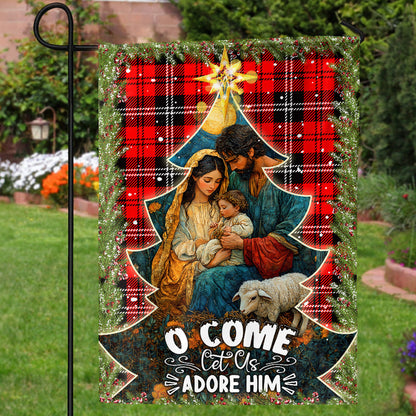 Teesdily | Holy Family Nativity Jesus Christmas Flag, O Come Let Us Adore Him Holy Night Garden Flag House Christmas Gift