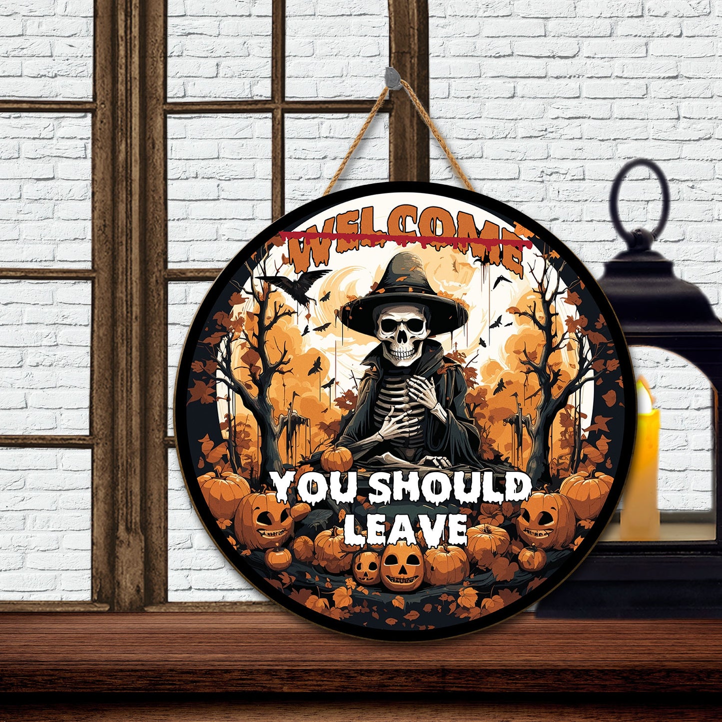 Teesdily | Spooky Skeleton You Should Leave Halloween Wood Sign Skull Pumpkins Wood Sign Halloween October 31Th Gift Front Door Sign