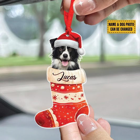 Teesdily | Customized Border Collie In Santa Stocking Ornament, Christmas Dog Ornament, Santa Pet Ornament Hanging Christmas Tree Decor, Dog Gift