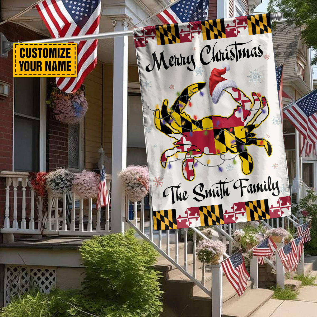 Teesdily | Customized Maryland Crab Christmas Flag Garden, Merry Christmas Maryland House Flag, Crab Santa Yard Flag Banner Decor, Christmas Gift