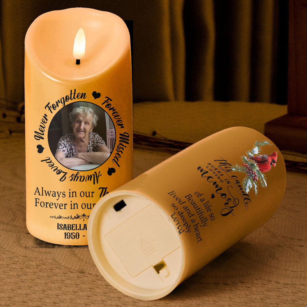 Teesdily | Customized Photo Memorial LED Candle No Battery, Always Loved Forever Missed Remembrance Candle, Memory Christmas Gift