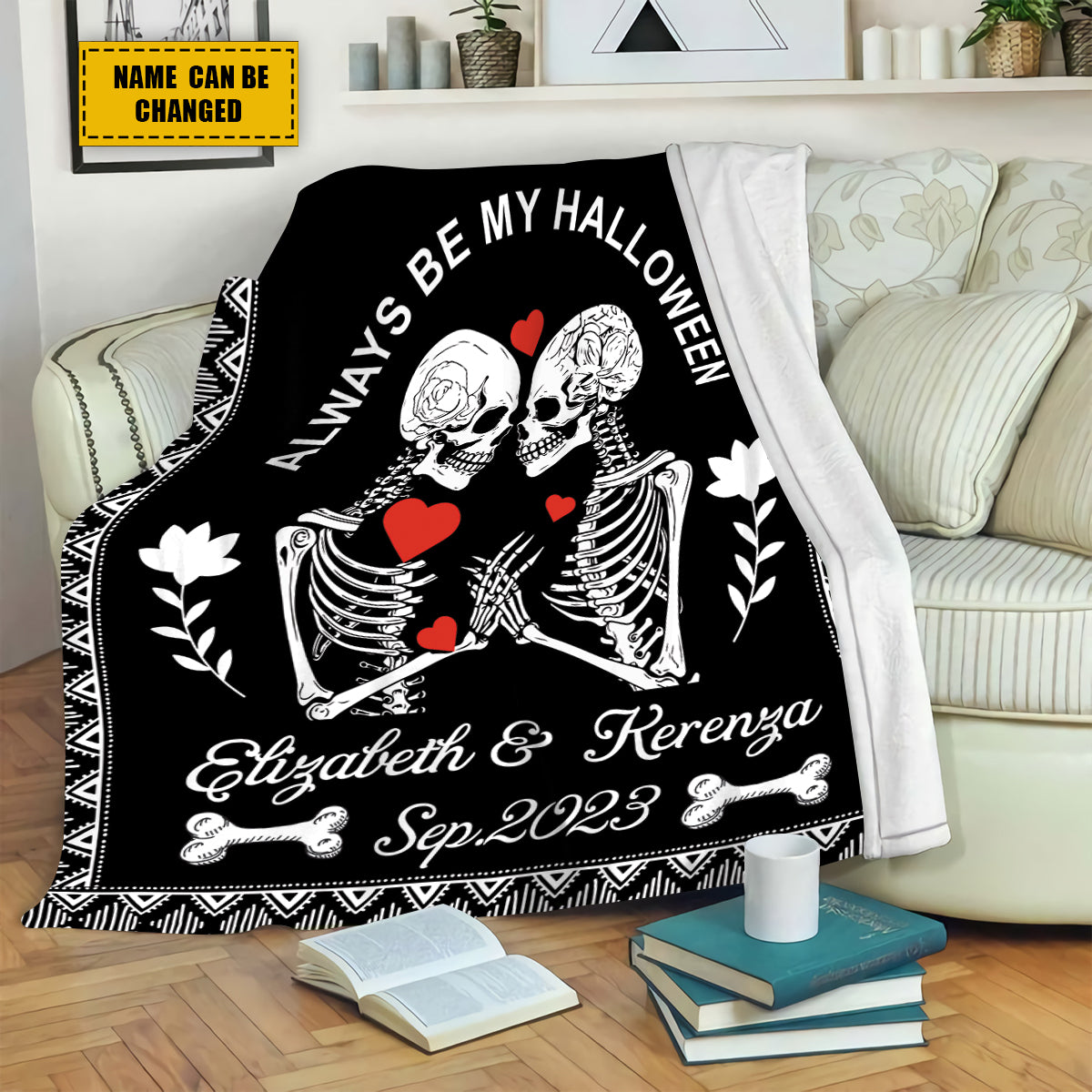 Teesdily | Skull Couple Personalized Fleece Blanket Always Be My Halloween Warm Blanket Gothic Skeleton Blanket Personalized Christmas Couple Gifts