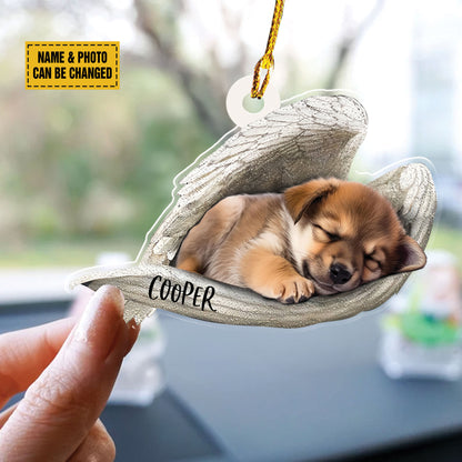 Teesdily | Personalized Photo Pet Loss Memorial Ornament Car Hanger, Sleeping Pet Within Angel Wings Plastic Ornament, Loss Pet Gifts, Dog Lovers Gift