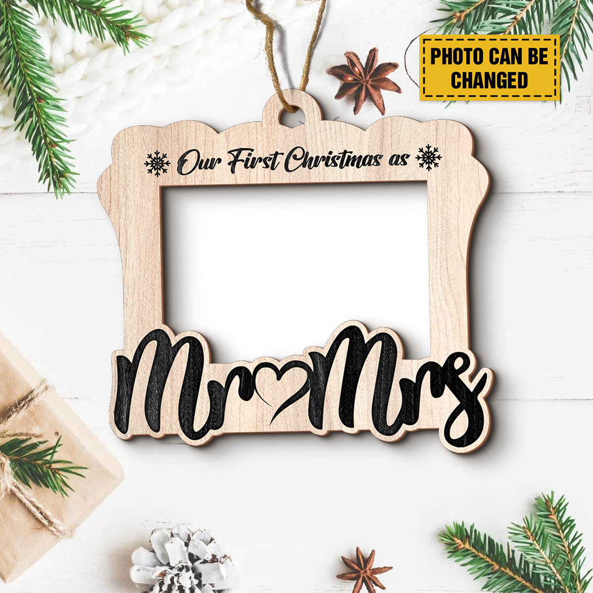 Teesdily | Personalized Our First Christmas As Mr Mrs 2 Layers Wooden Ornament, Wedding Couple Ornament Christmas Anniversary Gift