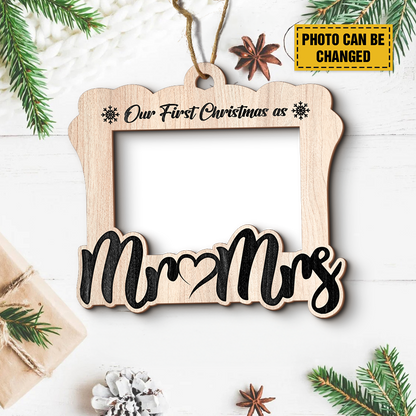 Teesdily | Personalized Our First Christmas As Mr Mrs 2 Layers Wooden Ornament, Wedding Couple Ornament Christmas Anniversary Gift