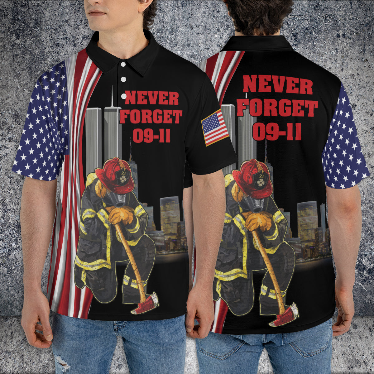 Teesdily | Never Forget September 11th Polo Tshirt 3d, Firefighter American Flag All Over Print Shirt, Patriot Day Gifts, 911 Never Forget Apparel