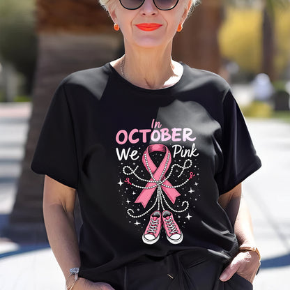 Teesdily | In October We Wear Pink Shirt, Pink Ribbon Shoe Sweatshirt, Breast Cancer Awareness Hoodie Mug, Support Warrior Halloween Gifts