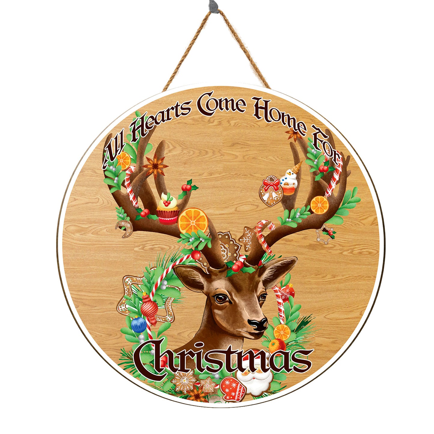 Teesdily | All Hearts Come Home For Christmas Round Wood Sign Reindeer Mistletoe Front Door Sign Merry Christmas Gift Ideas Dorm Welcome Sign