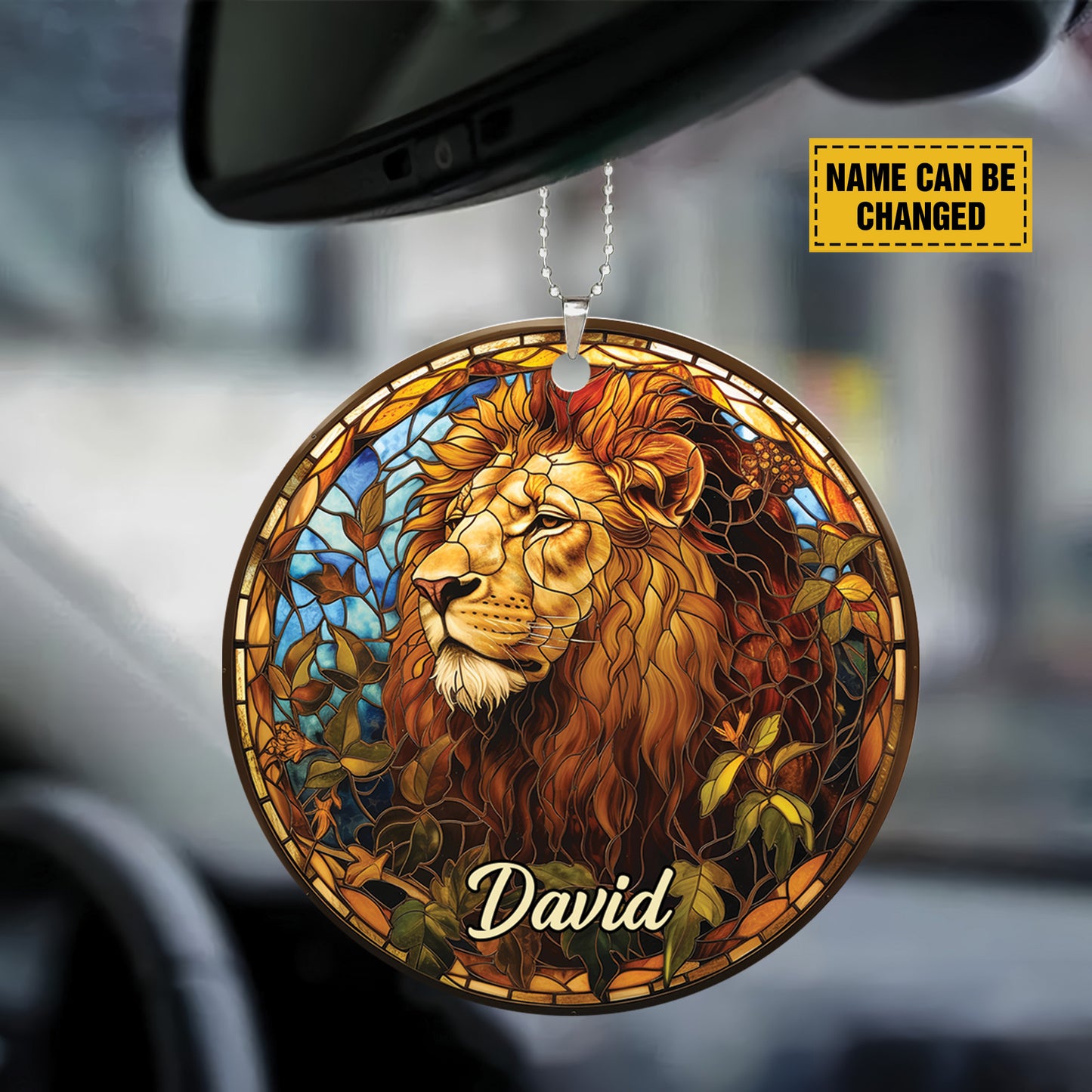 Teesdily | Customized Jesus Lion Ornament Car Hanger, The Lion Of Judah Car Rear View Mirror, Church Religious Acrylic Ornament, Jesus Lover Gift