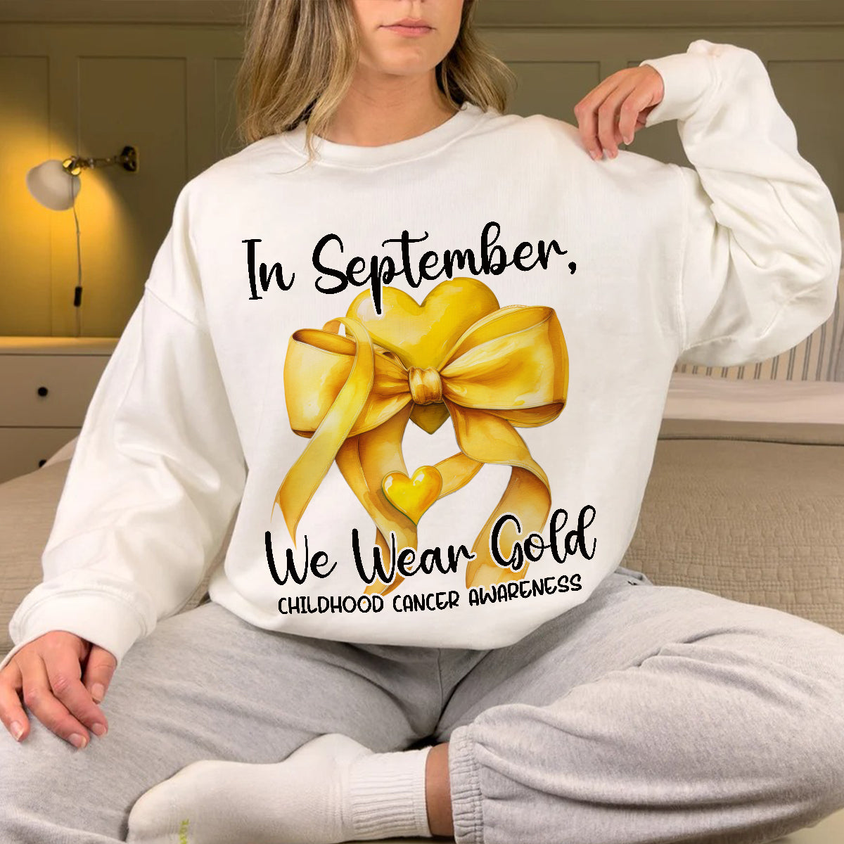 Teesdily | In September We Wear Gold Shirt, Cancer Coquette Bow Gold Sweatshirt, Childhood Cancer Awareness Hoodie Mug Survivor