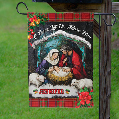 Teesdily | Customized Jesus Nativity Christmas Garden Flag, O Come Let Us Adore Him House Flag, Jesus Birth Gift, Xmas Gift