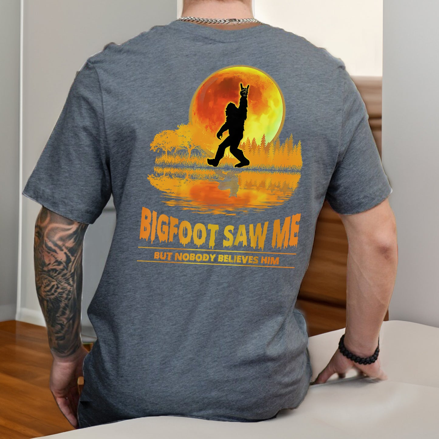 Teesdily | Bigfoot Moon Art Shirt, Bigfoot Saw Me But Nobody Believes Him Tee Sweatshirt Hoodie Mug, Funny Shirt, Bigfoot Believers Gifts