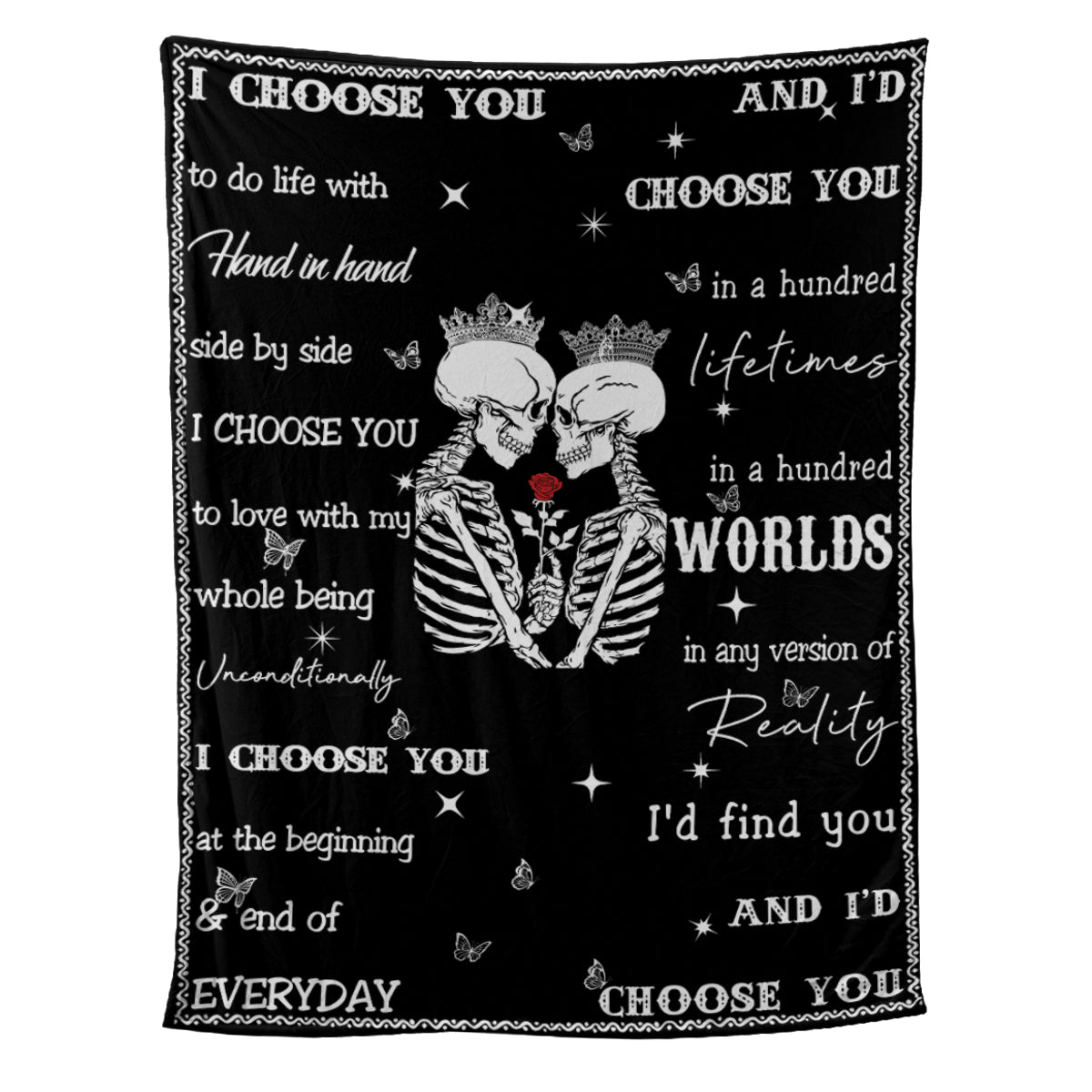 Teesdily | Customized Couple Halloween Goth Skull Throw Blanket Personalized Spooky Skeleton Together Forever Fleece Blanket Gothic Style Gifts