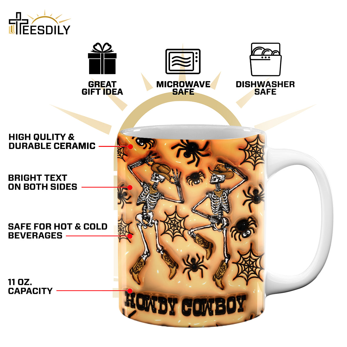 Teesdily | Dancing Skeletons Cowboy Inflated 3d Print Mug, Howdy Cowboy Skeleton Mug, Spooky Vibes Halloween Mug, Funny Halloween Gifts