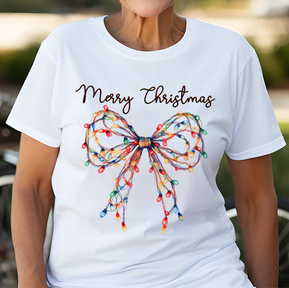 Teesdily | Merry Christmas Bow Light Shirt, Christmas Coquette Bow Sweatshirt, Merry And Bright Lights Bow Hoodie Mug For Women