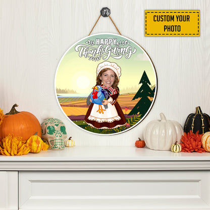 Teesdily | Pilgrim Girl Thanksgiving Personalized Face Signs, Turkey Thanksgiving Wood Sign, Harvest Season Decor, Harvest Day Seasonal Door Sign