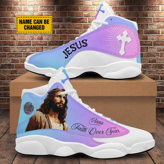 Teesdily | Customized Jesus Saves Faith Over Fear Running Shoes Jesus Christian Sport Shoes Gift For Christian God Believers