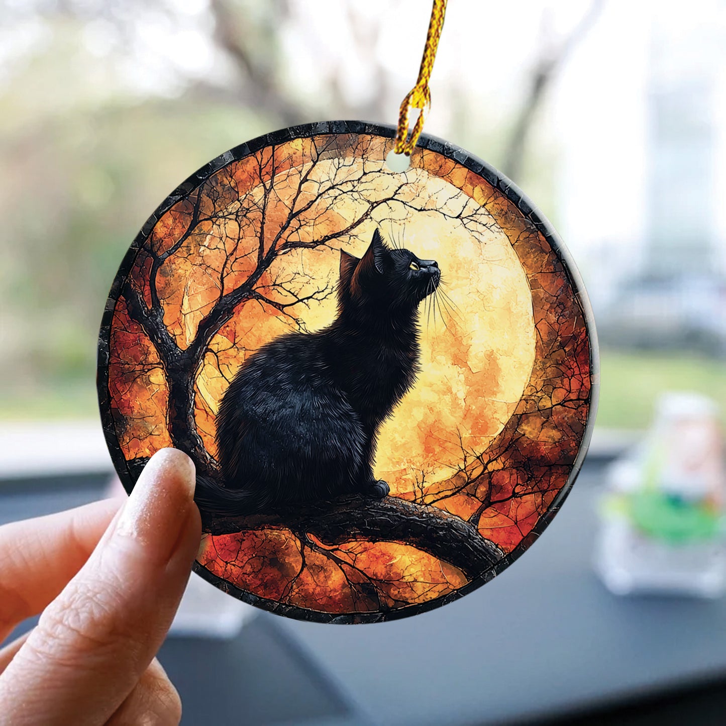 Teesdily | Black Cat Halloween Ceramic Ornament, Cat And Spooky Season Halloween Car Hanging Ornament, Halloween Gifts, Halloween Home Decoration