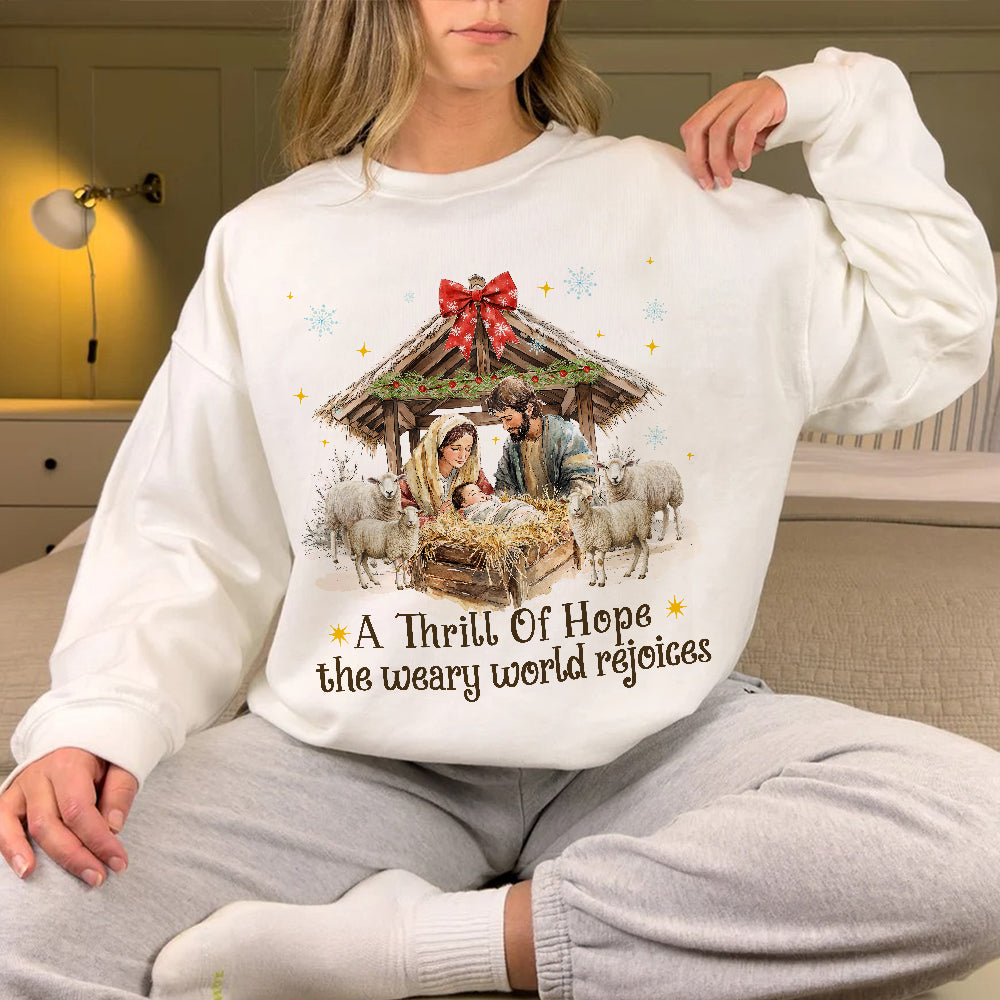 Teesdily | Nativity Scene Christmas Coquette Jesus Shirt, A Thrill Of Hope Sweatshirt, Christmas Nativity Hoodie Mug Religious Gift