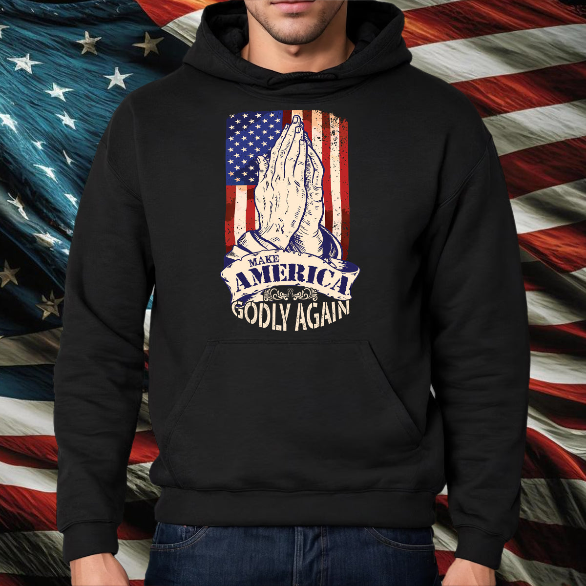 Teesdily | American Flag Jesus Praying Hands Shirt, Make America Godly Again Tee Sweatshirt Hoodie Mug, Jesus Lovers Gifts, Christian Apparel