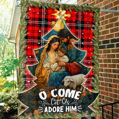 Teesdily | Holy Family Nativity Jesus Christmas Flag, O Come Let Us Adore Him Holy Night Garden Flag House Christmas Gift