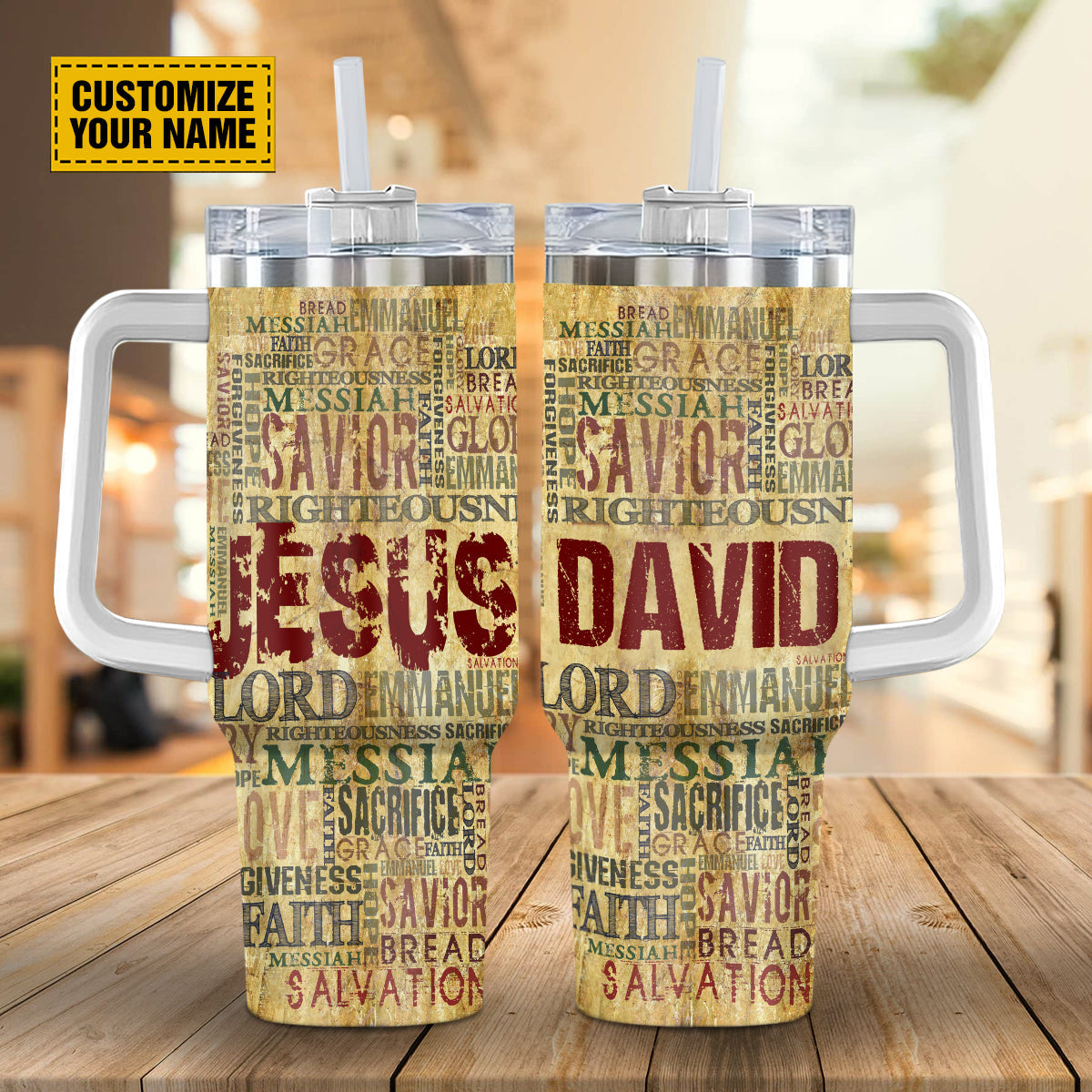 Teesdily | Personalized God's Words 40 oz Tumbler With Handle, Jesus Christ Vintage Travel Tumbler, Christian Faith Gift, 40oz Custom Tumbler