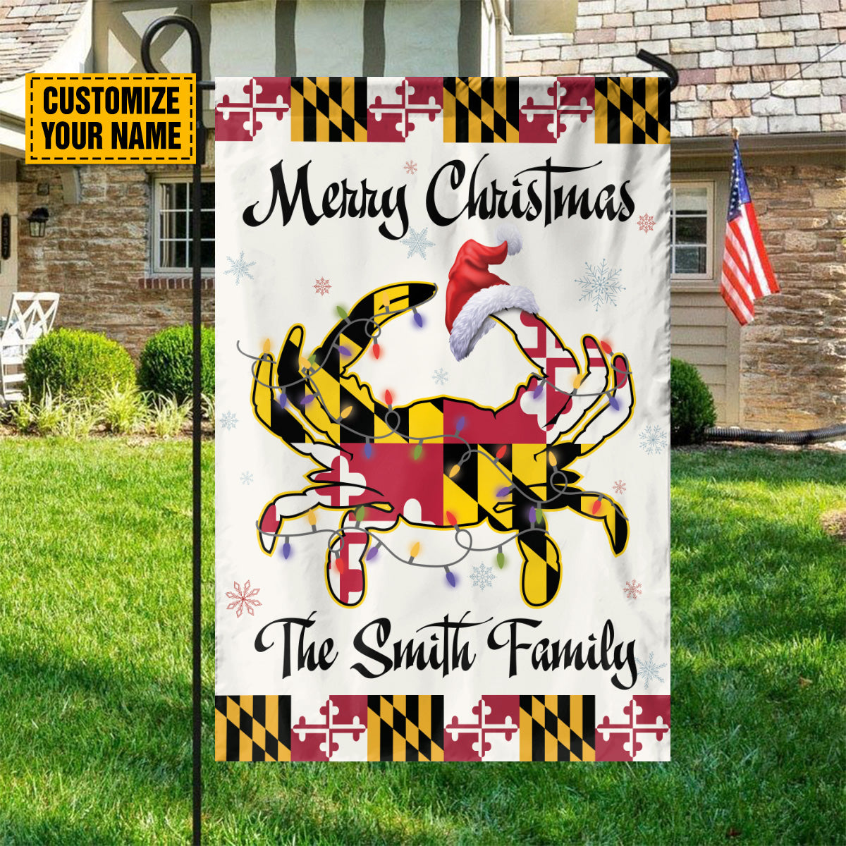 Teesdily | Customized Maryland Crab Christmas Flag Garden, Merry Christmas Maryland House Flag, Crab Santa Yard Flag Banner Decor, Christmas Gift