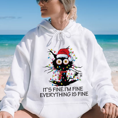 Teesdily | I'm Fine Everything Is Fine Sweatshirt, Christmas Black Cat Santa Shirt, Christmas Light Hoodie Mug, Cat Mom Lover Gift