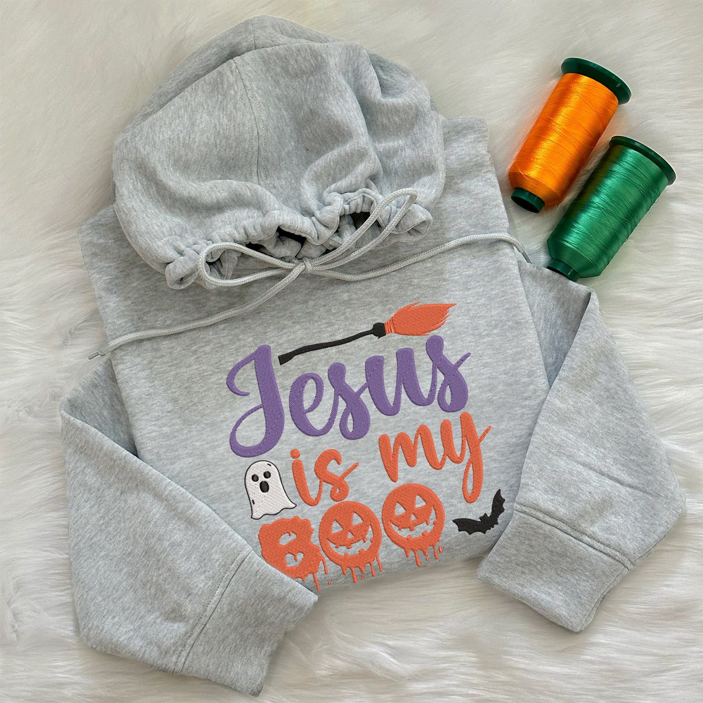 Teesdily | Jesus Is My Boo Embroidered Shirt, Christian Halloween Boo Spooky Ghost Bat Witch Embroidery Sweatshirt, Christian Fall Faith Shirt Gift