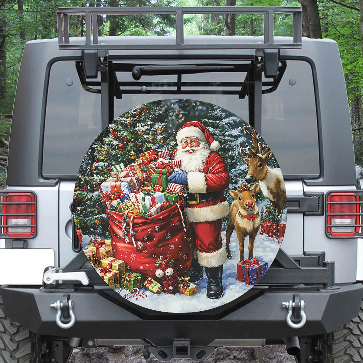 Teesdily | Santa Claus Car Spare Tire Cover, Christmas Tree Gifts Wheel Cover, Merry Christmas Tire Protector, Car Accessories