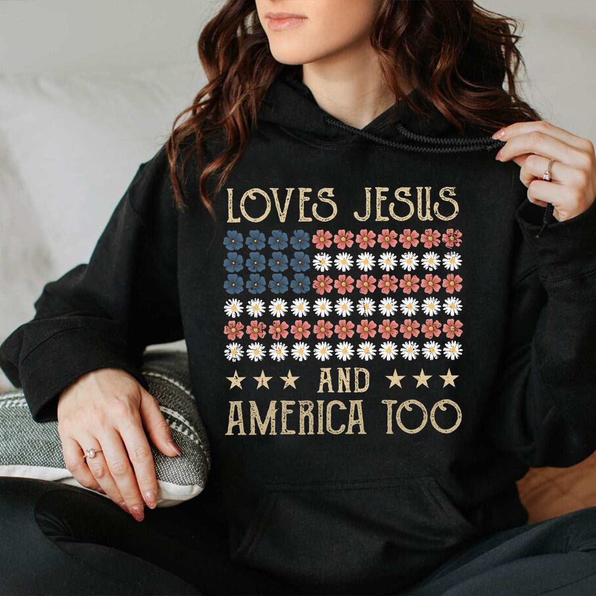 Teesdily | American Flag Flower Shirt, Loves Jesus And America Too Tshirt, Independence Day Sweatshirt, God Hoodie, Christian Gift