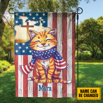 Teesdily | Custom Cat Jesus Cross Flag, Independence Day Garden Flag, Jesus American Flag Home, Fourth Of July Garden Flag Yard Decor, Cat Lover Gift