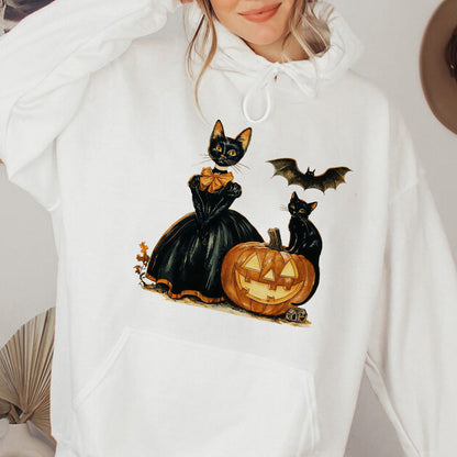 Teesdily | Cat Witch Halloween Shirt, Retro Halloween Pumpkin Sweatshirt, Black Cat Spooky Season Hoodie Mug, Cat Lover Gift