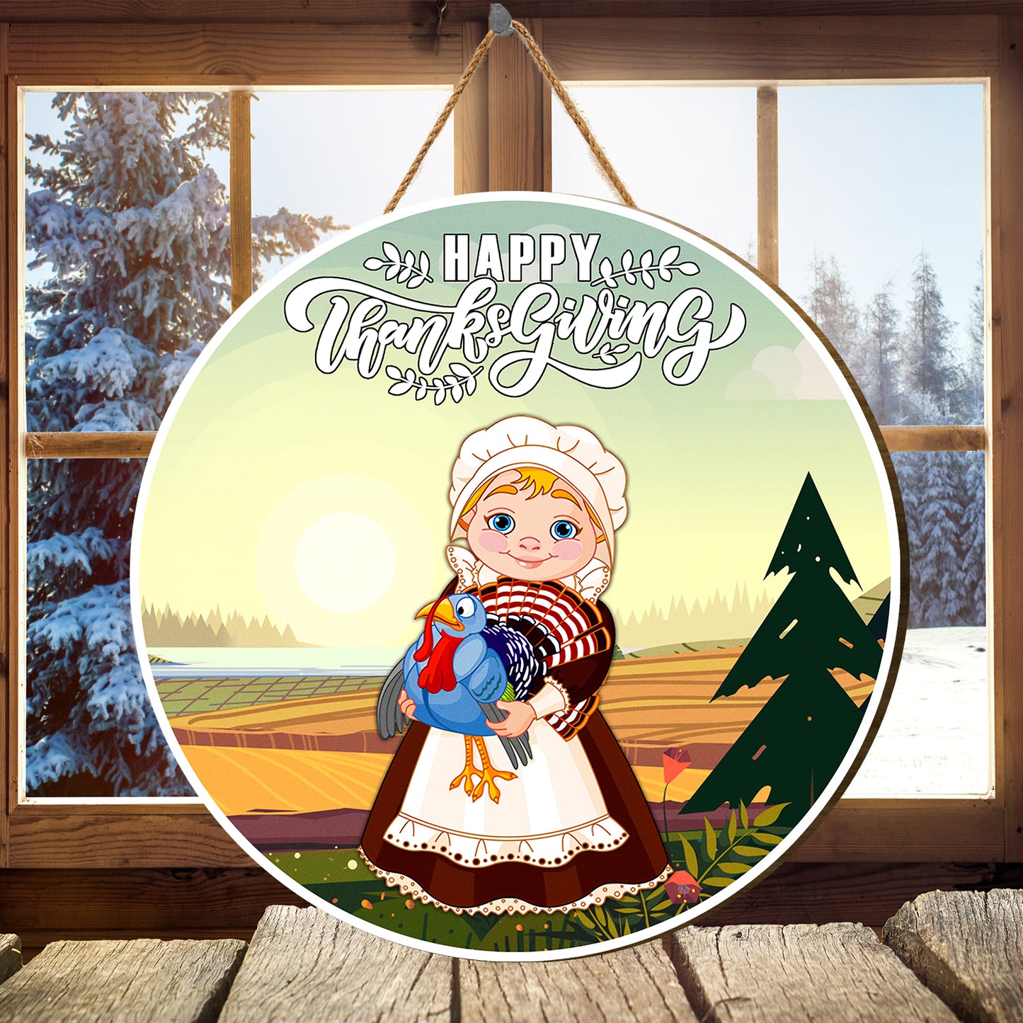 Teesdily | Pilgrim Girlthanksgiving Round Hanging Sign, Happy Thanksgiving Day Wood Door Hanger, Farming Girl Gifts, Harvest Day Welcome Sign