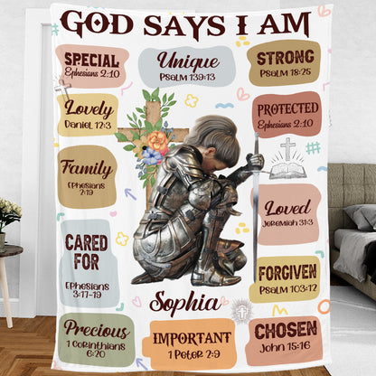 Teesdily | Customized Woman Warrior God Says I Am Blanket, Christian Armor Of God Affirmations Blanket, Jesus Cross Xmas Gift