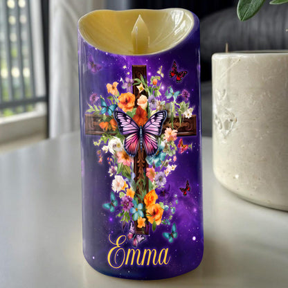 Teesdily | Customized Jesus Cross Flower Butterfly LED Candle No Battery, Heal Me Oh Lord LED Candle, Faith Jesus Lover Gift